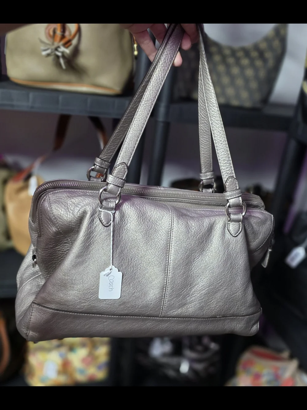 Coach Metallic Silver Leather Satchel with Blue Hang Tag